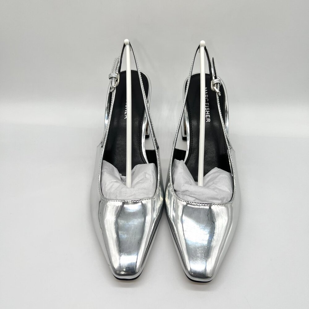 Marc Fisher Womens 9M Lethe Silver Mirror Slingback Heels Pumps Shoes - Picture 3 of 13